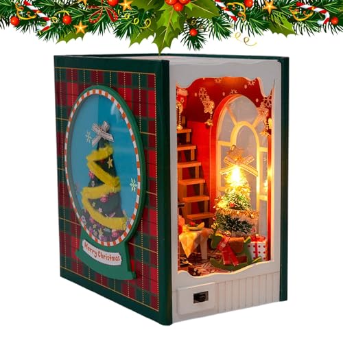 Book Nook Kits für Erwachsene, Miniatur-Weihnachtshaus-Buchecken-Kit, -Holz-Baukasten, Motiv: Frohe Weihnachten, Modellbau, Bücherregal-Dekor, Miniaturhaus-Set mit LED-Licht für Mädchen von Generisch