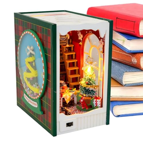 Book Nook Kits für Erwachsene | Dekorative Buchstützen Weihnachten Miniatur Buch Nook Kit – Holz Merry Christmas Haus Modell bauen Bücherregal Dekor, Miniaturhaus Kit mit LED-Licht für Mädchen von Generisch