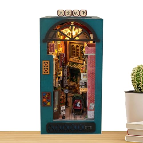 Bookshelf Nook Kit, Miniature House Kit, Led Light Bookshelf Insert Decor, 3D Wooden Puzzle, Miniature Bookshelf Nook, Led Light House Decor, Compact and Space-Saving for Adults Teens Beginners von Generisch