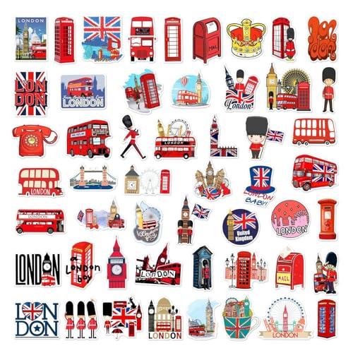 Britische London-Aufkleber – England-Reiseaufkleber | 50 Stück Union Jack Aufkleber, London Ästhetische Aufkleber, London England Urlaub Reiseaufkleber, Skateboard Telefon Fahrrad Koffer Gitarre von Generisch