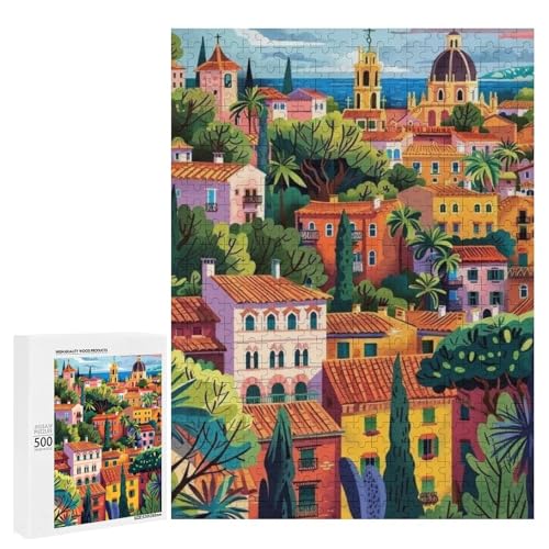 Bunte Gebäude eingebettet in üppiges Grün. 500 Teile Tierpuzzle aus Holz, klassisches Puzzle für Erwachsene Bunte Gebäude eingebettet in üppiges Grün. 500 Teile Tierpuzzle aus Holz, klassisches Puzzle für Erwachsene von Generisch