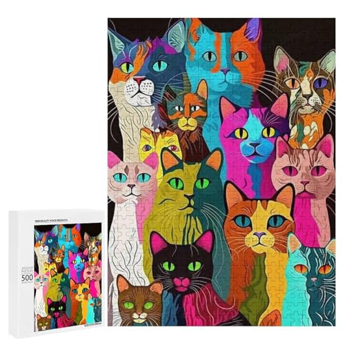 Bunte Katzen auf schwarzem Hintergrund, 500 Teile Tier, klassisches Holzpuzzle für Erwachsene Bunte Katzen auf schwarzem Hintergrund, 500 Teile Tier, klassisches Holzpuzzle für Erwachsene von Generisch