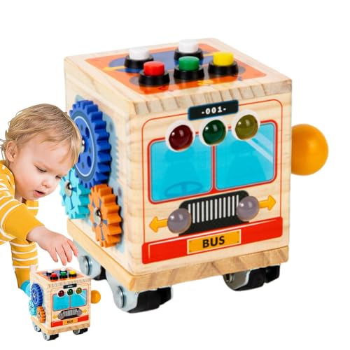 Busy Cube Sinnesspielzeug, Busy Cube für Kinder - Bus Design Fidget Activity Cube - Flugzeug-Autospielzeug für Kleinkinder, pädagogisches Zappelspiel, Motorik-Verbesserer aus Holz für und Mädchen von Generisch