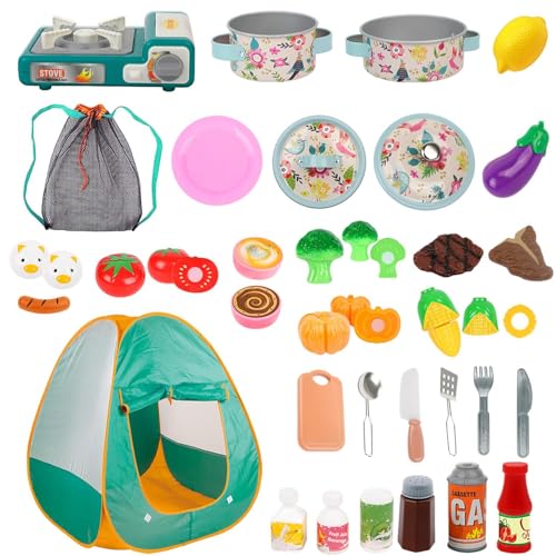 Camping-Set für Kleinkinder, Camping-Spielset,40 Stück Kleinkind-Spielzeug zum Schneiden von Früchten - Kinder-Camping-Set mit Grill, Geschirr, Obst und Gemüse für Jungen und Mädchen im Alter von 3, 4 von Generisch
