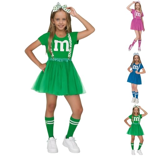 Cheerleader Kostüm Kinder Mädchen 5er Set Cheerleading Outfit mit Kurzarmtop + Minirock + Schleifenkopfschmuck + Socken + Gurt Kinderkostüm Trainingsanzug für Karneval Party (Green, 120) von Generisch