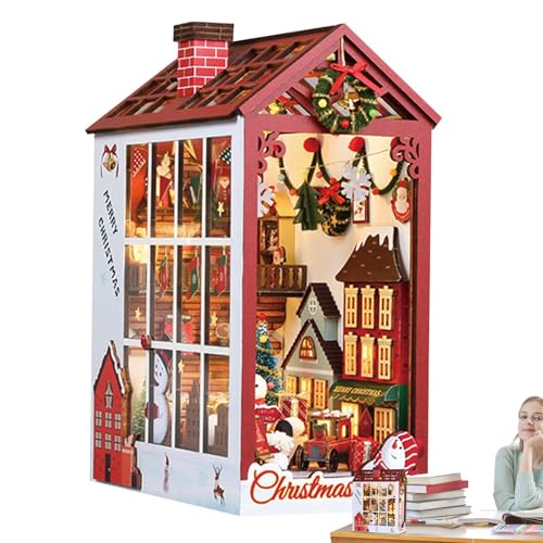 Christmas Book Nook, Decorative Miniature Wooden Bookshelf Insert Decor, Building bookends Shelf Decor, 3D Wooden Puzzle Miniature House, Holiday-Themed Book Nook for Christmas Decoration von Generisch