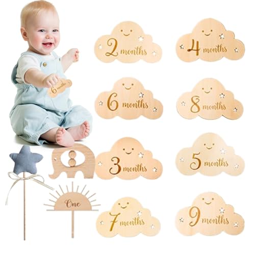 Clouds Wood Sign Set, Wooden Photo Cards Monthly Milestones Marker Discs, Baby Growth Cards, Exquisite Photography Props for Children's Day, Perfect for Capturing Special Moments von Generisch