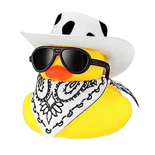 Cowboy Gummiente | Gummiente mit Cowboyhut | Gelbe Ente Auto Armaturenbrett Dekorationen, gelbe Gummiente mit Sonnenhut Sonnenbrille Schal für Auto Armaturenbrett Dekoration von Generisch