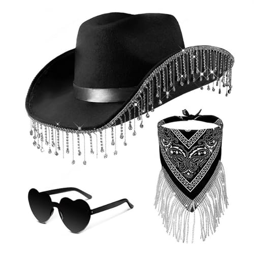 Cowboy Hut Damen Rosa 3PCS Cowboyhut Mit Pailletten Western Cowboy Hut Filz Cowgirl Hut Mit Feder Bandana Partybrille Accessoires Für Westen Kostü Karneval Mottoparty Cowboyhut 70Er Jahre KostüM von Generisch