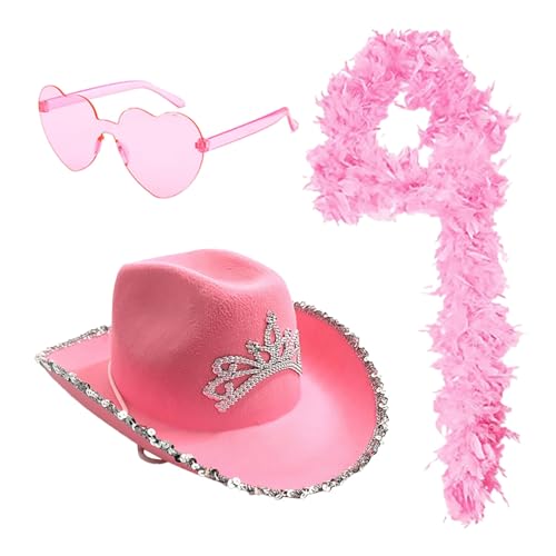 Cowboy Hut Pink Weiß Cowgirl Hut Pink Weiß Karneval Hut Herzbrille Kostümzubehör Partyhut Partybrille Accessoires Cowboyhut mit Tiara für Karneval Fasching Cowboy Hut Weiß Kostüm Damen Übergröße von Generisch