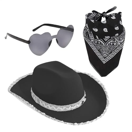 Cowboy Hut Wichita,Cowboyhut Cowgirl Herz Sonnenbrille Bandana Schal Set Für Frauen Mädchen Filz Flauschige Hut Breite Krempe Verkleidung Für Halloween Geburtstag Kostüm Party Karneval Musik Festival von Generisch