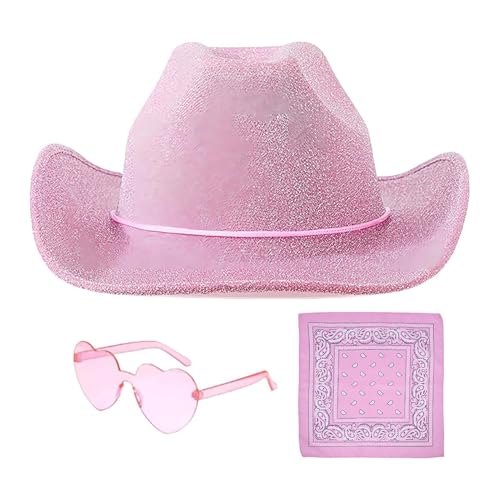 Damen Cowboyhut,Damen Cowgirlhut | Glitzerhüte Cowboyhut - 3 glitzernde Hüte mit Bandana und Brille, verstellbarer Westernhut mit Kordelzug, Western-Kostümzubehör von Generisch