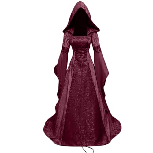 Damen Langarm mit Kapuze Mittelalter Kleid Bodenlang Schnürkleid Hexenkleid Vampirkostüm Cosplay Gothic Mittelalter Kleidung Renaissance Halloween Party Kostüm Karneval Faschingkostüm Maxikleid von Generisch