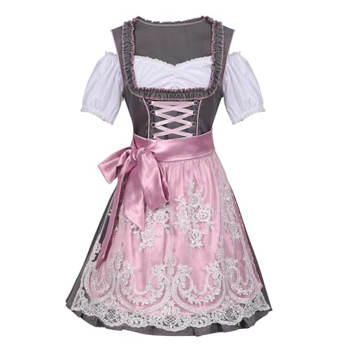 Damen Oktoberfestkleid, rosa Schürze, deutsches bayerisches Kleid, authentisches U-Ausschnitt, Dirndlkleider, traditionelles deutsches Oktoberfest-Outfit, 1 Set bayerisches Kleid von Generisch