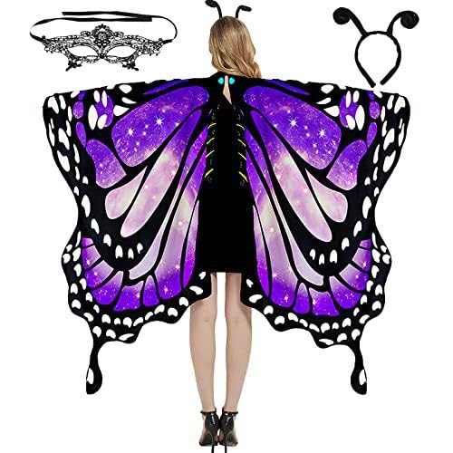 Damen Schmetterling Kostüm Schmetterlingsflügel Faschingkostüme Schmetterling Kostüm Schal Poncho mit Damen Spitze Maske, Bug Stirnband Feen FlüGel Erwachsen KostüM Damen Fasching GroßE GrößEn von Generisch