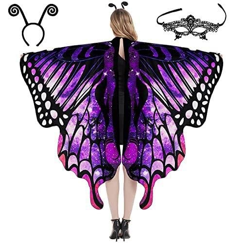 Damen Schmetterling Kostüm Schmetterlingsflügel Faschingkostüme Schmetterling Kostüm Schal Poncho mit Damen Spitze Maske, Bug stirnband für Party Dschungel KostüM Damen KostüM Schmetterling Damen von Generisch