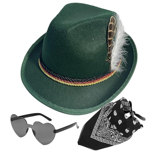 Deutsche Alpenmützen - Fedora Oktoberfest Hut 1set mit Kopftuch Brille Kunstleder - Oktoberfest Kostüm Accessoires Erwachsene Deutscher Alpin Bayerischer Hut für Erwachsene von Generisch