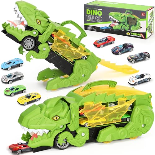 Dinosaurier Transporter Spielzeug ab 3, 4, 5, 6,7,8 Jahre Junge, Truck Spielzeugauto mit 8 Rennautos, Autos Spielzeug für Kinder | Geeignetes Geschenk für Kinder ab 3 Jahren (Grüner) von Generisch