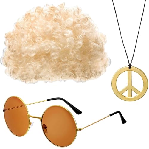 Disco Perücke und Sonnenbrille | Hippie Sonnenbrille und Halskette Herren | Retro Hip Hop Kostüm Kit, Gold Disco Sonnenbrille, Disco Kostüm Zubehör Herren 70er Jahre von Generisch