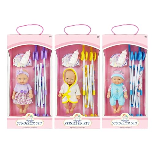 Doll Stroller Toy, 10-Inch Doll Set Foldable Nursery Doll Stroller, Doll Playset, Pretend Realistic Stroller Toy Set with Bottle, Portable Doll Stroller for Kids, Girls, Role-Playing von Generisch