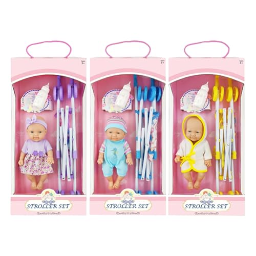 Doll Stroller Toy, 10Inch Doll Set, Foldable Nursery Doll Stroller, Doll Playset Stroller, Realistic Doll Stroller Pretend Doll Stroller Pretend Realistic Stroller Toy Set with Bottle for Kids & Girl von Generisch