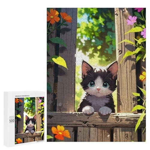 Ein süßes Kätzchen schaut durch einen Holzzaun, umgeben von lebendigen Blumen, 500 Teile Tier, klassisches Holzpuzzle für Erwachsene Ein süßes Kätzchen schaut durch einen Holzzaun, umgeben von lebendigen Blumen, 500 Teile Tier, klassisches Holzpuzzle für Erwachsene von Generisch