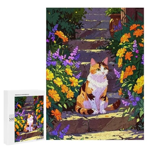 Eine bezaubernde Katze sitzt auf den Steinstufen umgeben von lebendigen Blumen 500 Teile Tier Classic Holzpuzzle für Erwachsene Eine bezaubernde Katze sitzt auf den Steinstufen umgeben von lebendigen Blumen 500 Teile Tier Classic Holzpuzzle für Erwachsene von Generisch