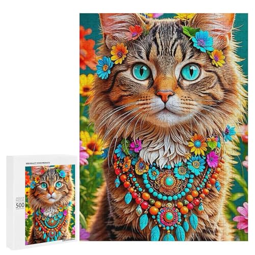 Eine bunte Katze, verziert mit Blumen und Schmuck. 500 Teile Tierpuzzle aus Holz, klassisches Puzzle für Erwachsene Eine bunte Katze, verziert mit Blumen und Schmuck. 500 Teile Tierpuzzle aus Holz, klassisches Puzzle für Erwachsene von Generisch