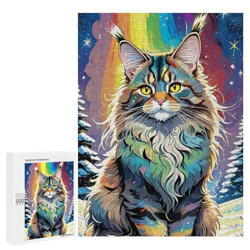 Eine bunte Katze sitzt in einer verschneiten Landschaft mit einem Regenbogen im Hintergrund, 500 Teile Tier, klassisches Holzpuzzle für Erwachsene Eine bunte Katze sitzt in einer verschneiten Landschaft mit einem Regenbogen im Hintergrund, 500 Teile Tier, klassisches Holzpuzzle für Erwachsene von Generisch