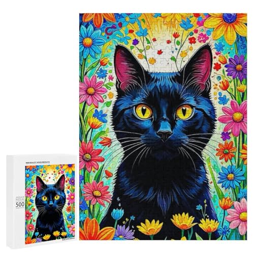 Eine lebendige schwarze Katze, umgeben von einer bunten Blumenexplosion, 500 Teile Tier, klassisches Holzpuzzle für Erwachsene Eine lebendige schwarze Katze, umgeben von einer bunten Blumenexplosion, 500 Teile Tier, klassisches Holzpuzzle für Erwachsene von Generisch