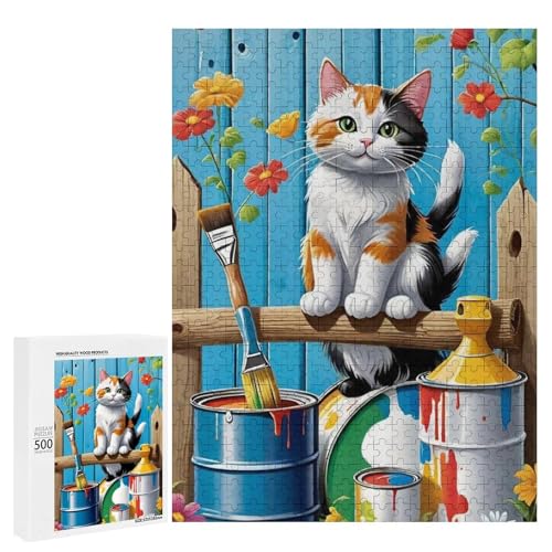 Eine süße Katze, die auf einem Holzzaun sitzt, umgeben von bunten Blumen, 500 Teile Tier, klassisches Holzpuzzle für Erwachsene Eine süße Katze, die auf einem Holzzaun sitzt, umgeben von bunten Blumen, 500 Teile Tier, klassisches Holzpuzzle für Erwachsene von Generisch