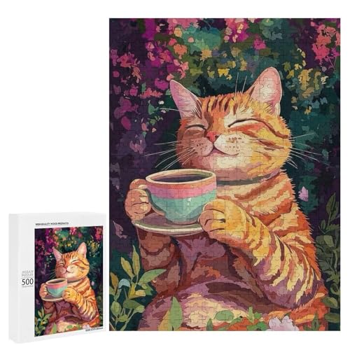 Eine süße Katze, die eine Tasse Tee in einem bunten Garten genießt. 500 Teile Tierpuzzle aus Holz, klassisches Holzpuzzle für Erwachsene Eine süße Katze, die eine Tasse Tee in einem bunten Garten genießt. 500 Teile Tierpuzzle aus Holz, klassisches Holzpuzzle für Erwachsene von Generisch