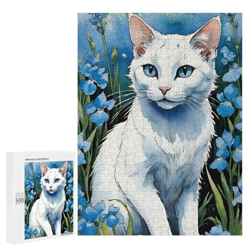 Eine süße Katze sitzt unter blauen Blumen 500 Teile Tier klassisches Holzpuzzle für Erwachsene Eine süße Katze sitzt unter blauen Blumen 500 Teile Tier klassisches Holzpuzzle für Erwachsene von Generisch