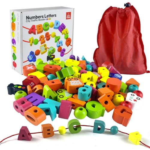 Einfädeln Spielzeug,Holzperlen Fädelspiel,2 in 1 Fädelspiel Montessori Spielzeug,100 Stück Holzperlen Buchstaben Zahlen Einfädeln Spiel,Pädagogisches Motorikspielzeug für 3+ Jahre Kinder Geschenk. von Generisch