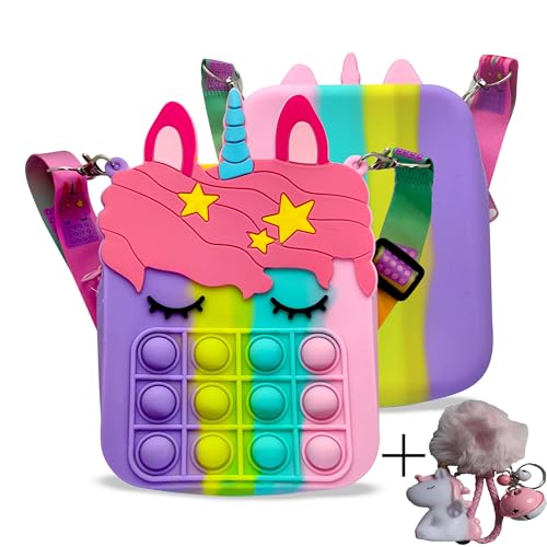 Einhorn Umhängetasche, Pop It Tasche mit rosa Schlüsselanhänger, Große Kinder Regenbogen Schultertasche, Unicorn Handtasche mit Tragegurt, Fidget Toy, Schultasche Mädchen, Kindertasche 3in1, Girl Bag von Generisch