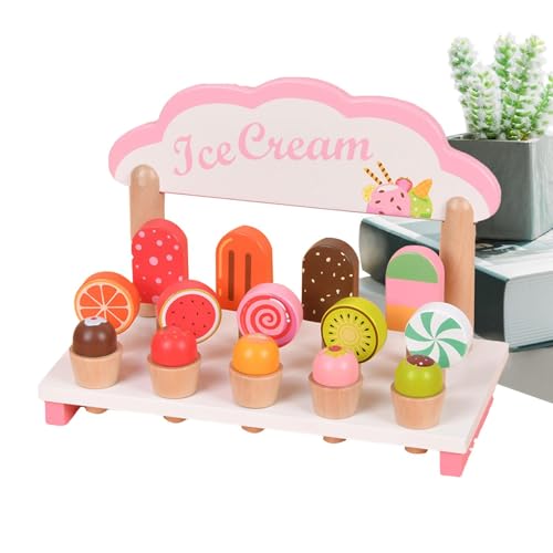 Eiscreme-Spielzeug-Spielset, Eiswagen-Spielladen, Servier-Eistheke aus Holz, Cartoon Girl Pretend Play Ice Lolly Shop Spielset für Kinder im Alter von 3–7 Jahren, Mädchen, von Generisch