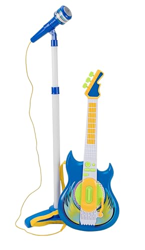 Elektrische Gitarre und Mikrofon mit Stange Spielzeug Kinder Gitarre Rock Mikrofon Karaoke mit MP3-Anschluss Smartphone Stange verstellbar Lautsprecher Musikbasis Gitarre Rock Elektronik von Generisch