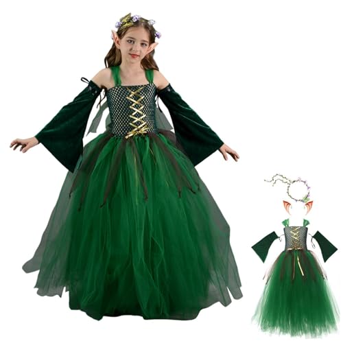 Elfen Fee Kostüm Kinder, Feen Kostüm Für Mädchen, Tüllkleid Für Mädchen, Elfen Kostüm Mädchen Grünes Kleid, Prinzessin Kleid Fasching, Tutu Feenrock Netzstoff Tüll Rock Mehrlagig Puffy, Wald Themenset von Generisch