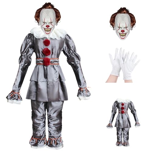 Es Clown Kostüm Kinder Gruseliges Clown Kostüm mit Clown Maske für Halloween Cosplay Outfit Set für Männer Frauen (L-XL) von Generisch