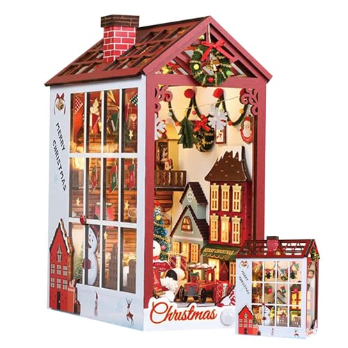 Festival Book Nook Kit,Booknook Kit,Ative Buchstützen aus Holz | Gebäude Puppenhaus Buchstützen, 3D Holzpuzzle Miniaturhaus für Weihnachtsferien von Generisch