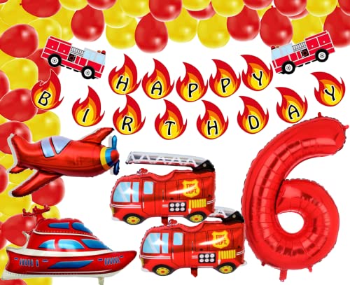 Feuerwehr 6. Party XXL Set Zahl 6 ROT 100 cm Auto Boot Flugzeug Folienballon 6. Geburtstag Feuerwehrmann 6 Jahre Deko Feuerwehrauto Ballon Sam Kinder Junge Fire Red fireman Feier (Zahl 6) von Generisch