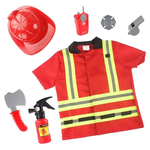 Feuerwehrmann Kostüm Kinder, Feuerwehr Rollenspiel Set mit Feuerlöscher, Feuerwehrhelm, Feuerwehrmann Spielzeug, Feuerwehrmann Verkleidung für Jungen Mädchen Karneval Halloween Faschingskostüme Kinder von Generisch