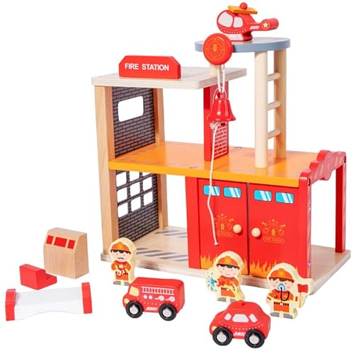 Feuerwehrstation Spielset aus Holz, mit Fahrzeugen und Figuren, Feuerwache mit Feuerwehrmann Feuerwehrauto und Hubschrauber, Spielstation für Kinder ab 3 Jahre von Generisch