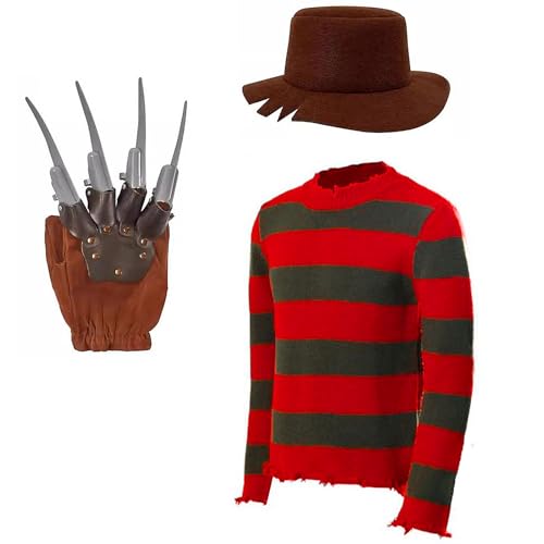 Krüger Pullover Kostüm Set für Erwachsene mit Hut Handschuh Grün Rot Gestreifter Pullover Gruseliger Horror Film Halloween Cosplay Outfit (2XL) von Generisch