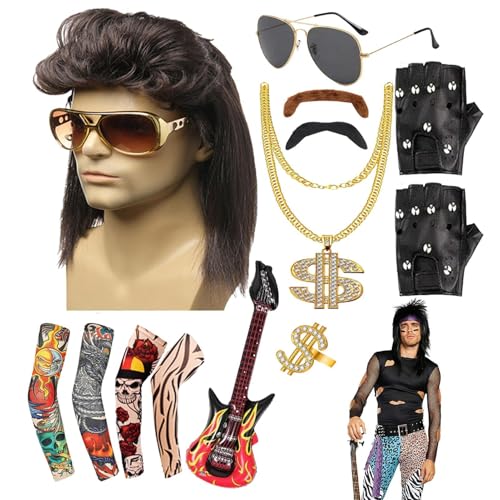 Generisch 1980er-Jahre-Outfits für Männer, Rockkostüm | Rockstar-Zubehör 13-teilige Rock-80er-Jahre-Kostüme | Themenpartys Hippie-Accessoires, 80er-Jahre-Outfits für Männer, Festivals, Halloween von Generisch