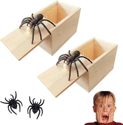 Generisch 2 Stück Spinne In Box, Spinne Streich Box Streich Spinne Scare Box, Gummispinne Streich-Box Holz, Holz Prank Spider Scare Box, Spinnen Spielzeug Box Holz Für Erwachsene Kinder von Generisch