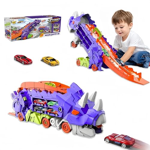 Generisch 2 in 1 Triceratops Transporter Truck Spielzeug mit Autorennbahn, Verschluckbar Stehend Autotransporter Lastwagen, Tragbare Spielzeugauto für 3 4 5 6 7 8 Jahre Kinder Jungen von Generisch