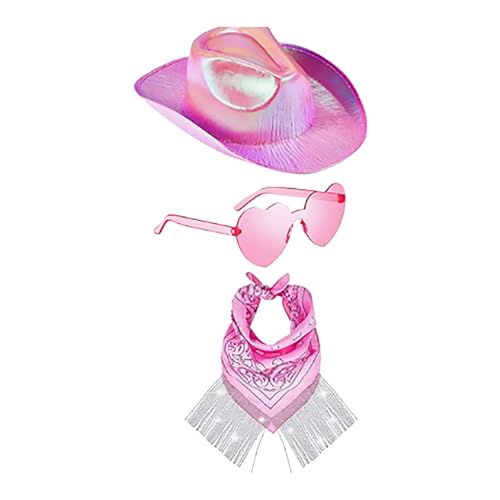 Generisch 3 Stück Cowgirl Kostüm Set Rosa Hut mit Feder Partybrille Rosa Bandana Rosa Cowgirl-Hut Damen Cowboyhut Filz Cosplay Party Karneval Kostüm Zubehör Bandana Cowgirl-Hüte Set von Generisch