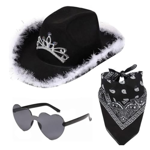 Generisch 3PCS Cowboy Kostüm Damen Cowboy Hut Rosa Cowboyhut Western Cowboy Hut Frauen Filz CowgirlHut Bandana Partybrille Accessoires Kopfbedeckung für Party Halloween Karneval Kostüm Kostümzubehör von Generisch