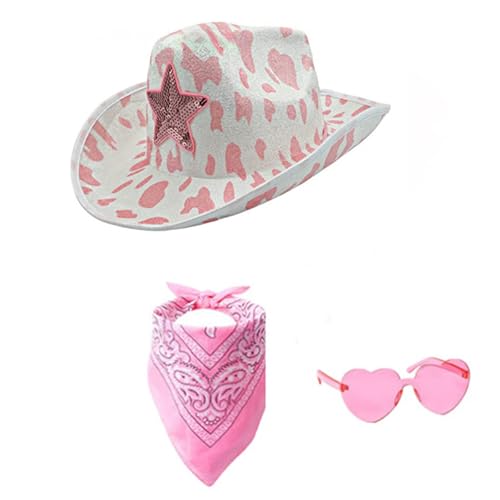 Generisch 3PCS Cowboy Kostüm Damen Cowboy Hut Rosa Cowboyhut Western Cowboy Hut Frauen Filz CowgirlHut Bandana Partybrille Accessoires Kopfbedeckung für Party Halloween Karneval Kostüm Kostümzubehör von Generisch